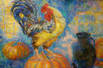 Nature's Symphony: Odarka Anatoliivna Tytarenko's Oil Rendition of Rooster and Pumpkin