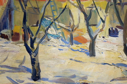 Oil painting Winter town landscape