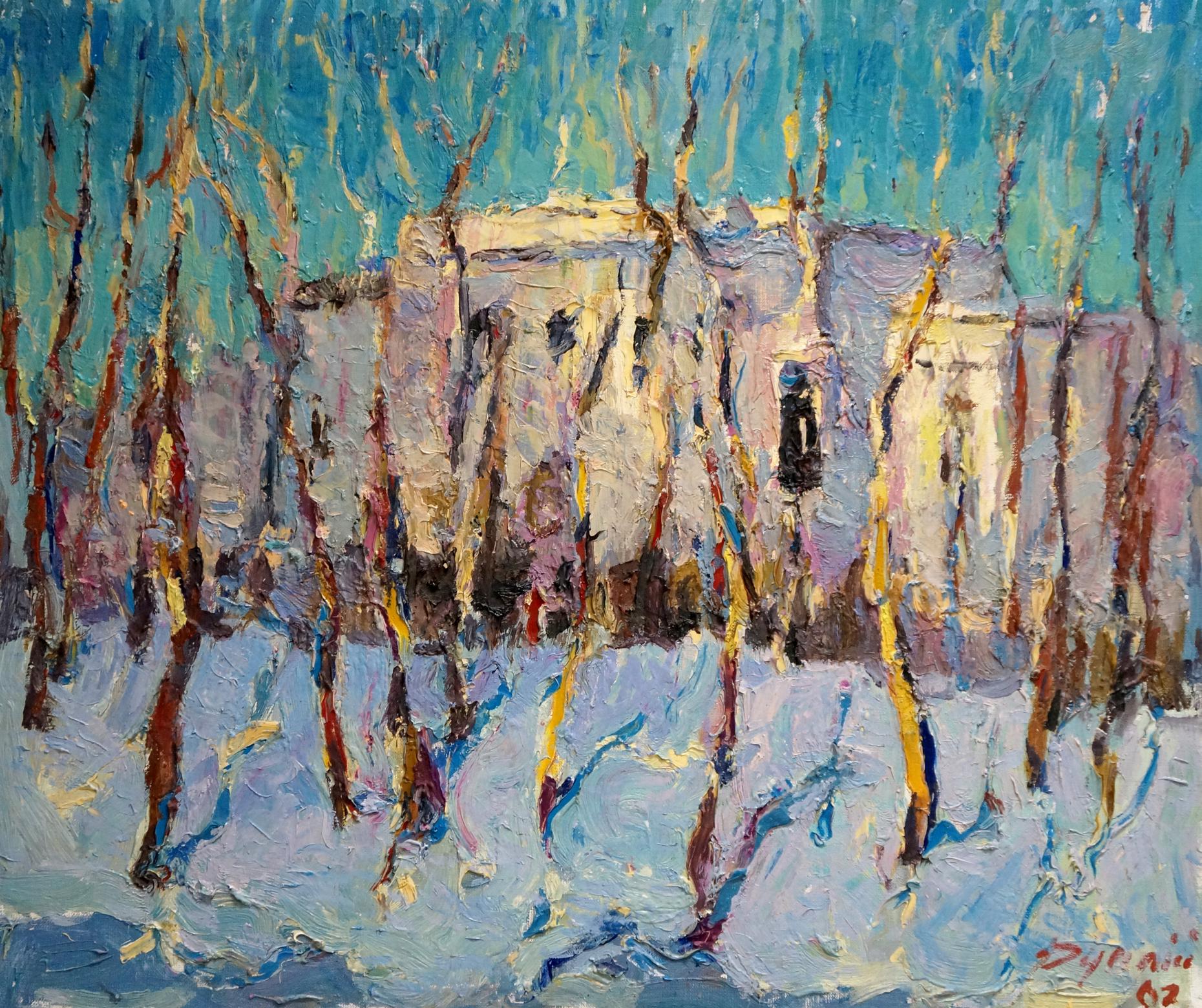 Oil painting The city behind the trees in winter Sergey Dupliy