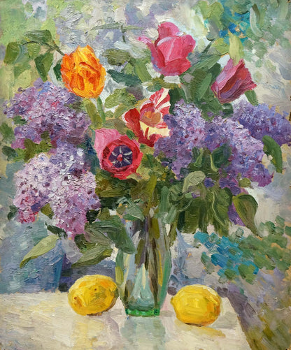 Oil painting Lilacs and tulips on the table Unknown artist