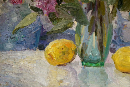 Oil painting Lilacs and tulips on the table Unknown artist