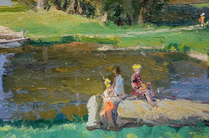 Oil painting Children at the pond