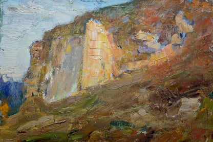 A cliffside depicted in oil painting