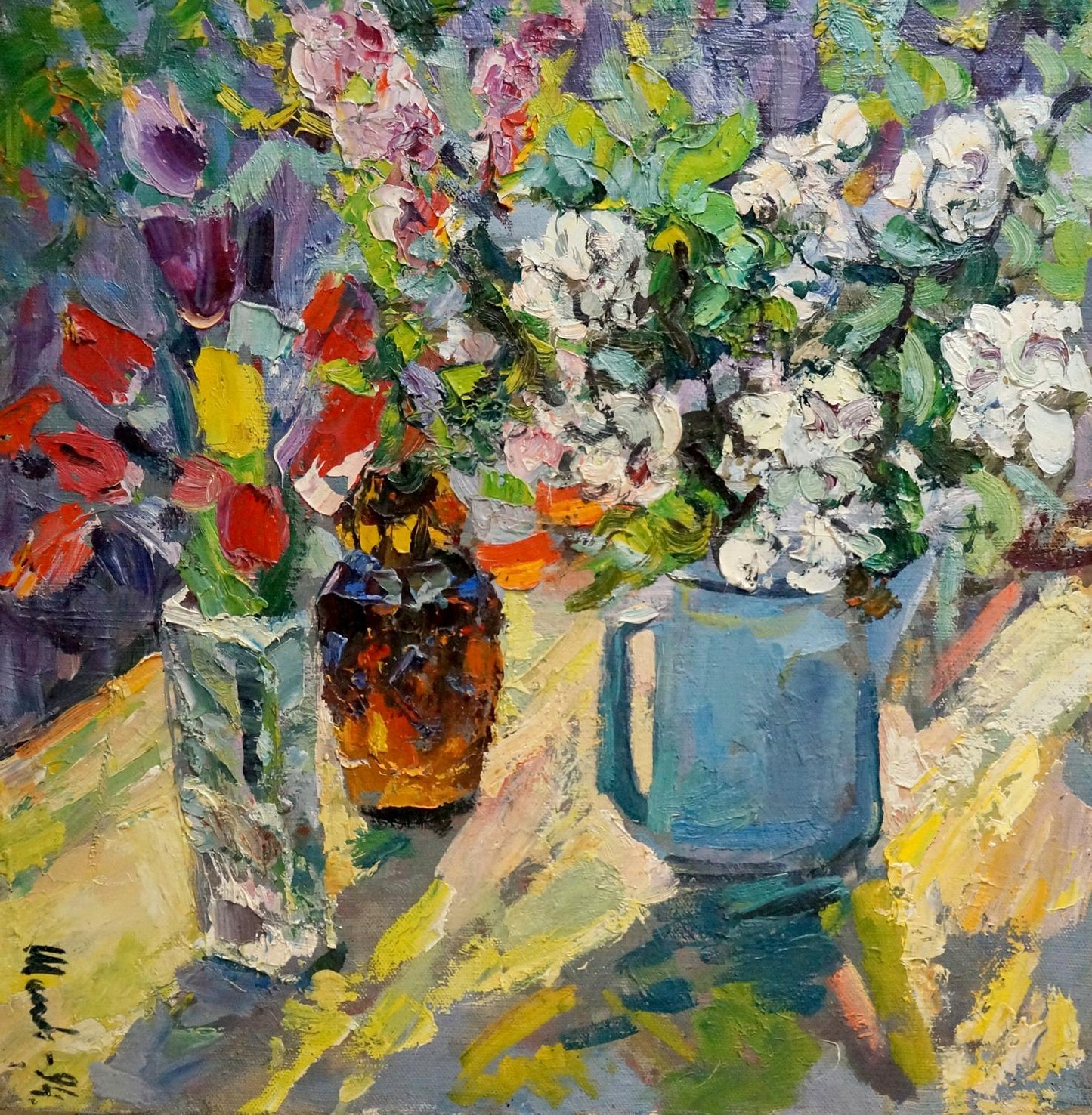 Oil painting Flowers in the yard Aleksandr Maksovich Shilov