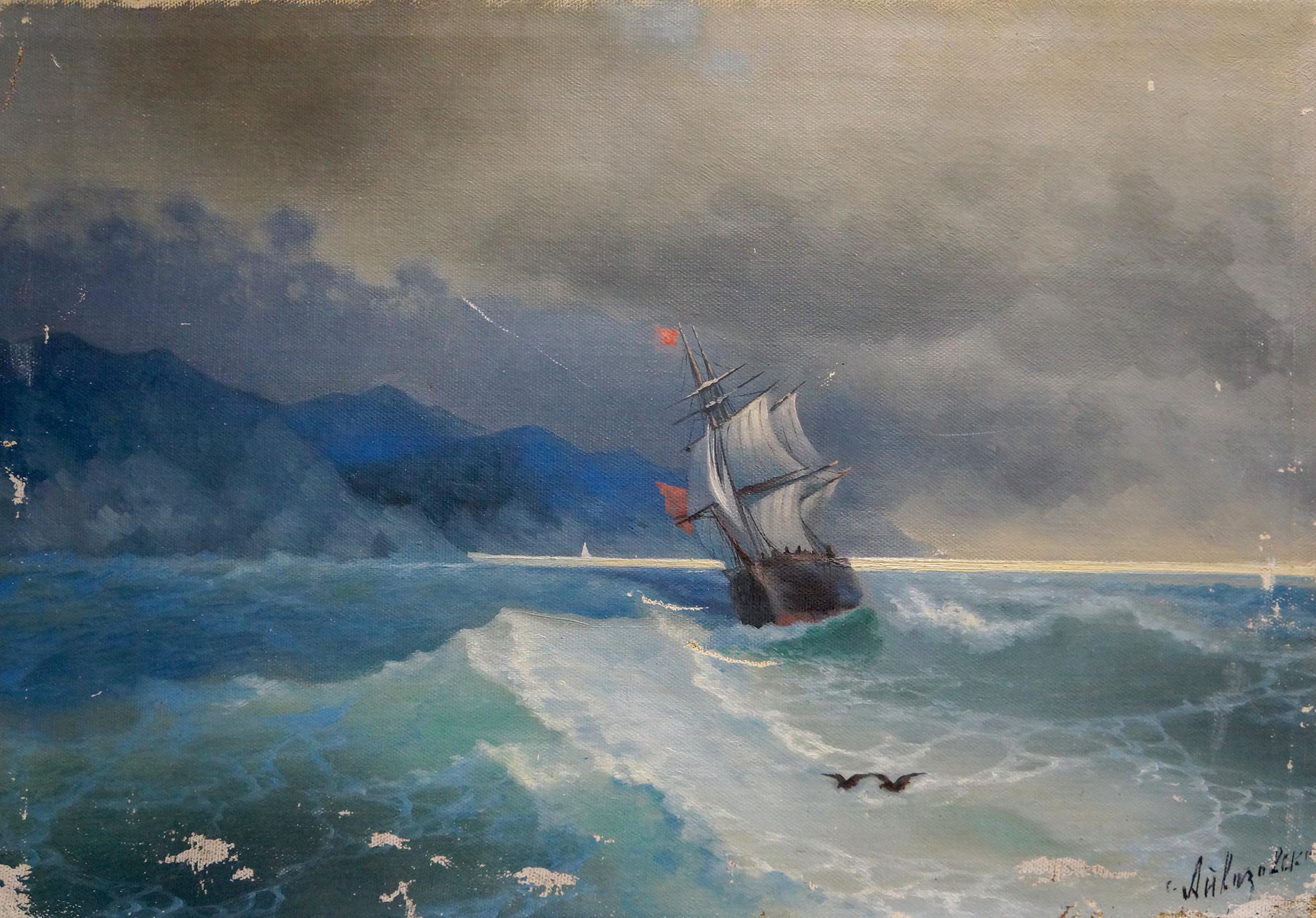 Oil painting The ship was caught in a storm Unknown artist