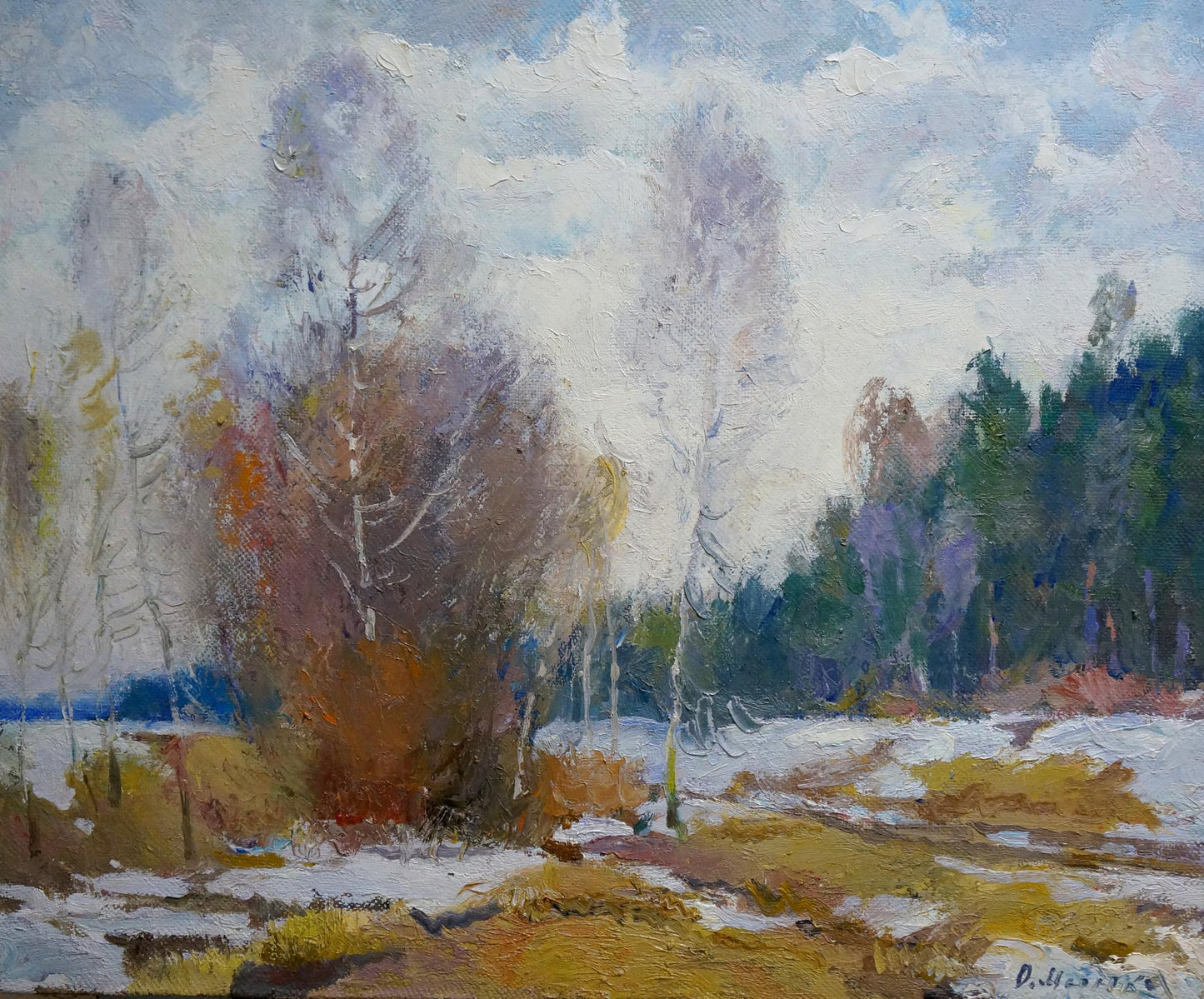 Oil painting The first snow fell in the forest Alexander Mynka