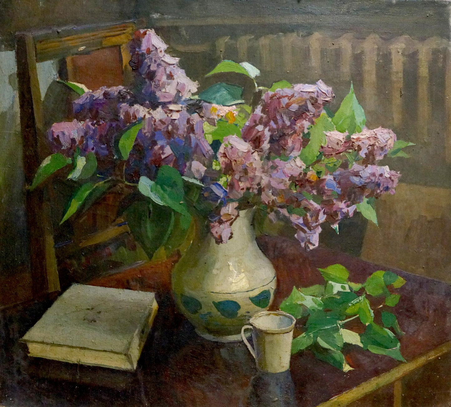 Oil painting Lilac and book Unknown artist