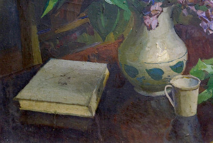 Oil painting Lilac and book Unknown artist