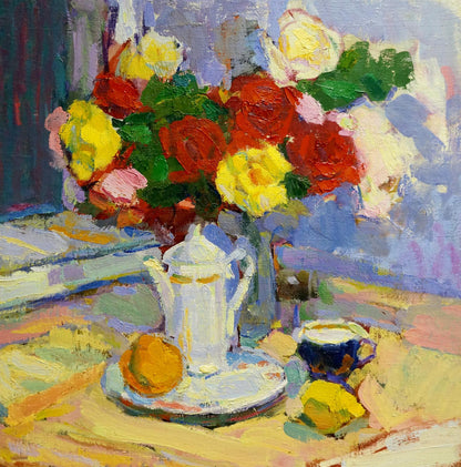 Oil painting Multicolored roses and lemon tea Leonid Zaborovsky