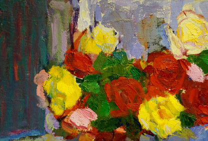 Oil painting Multicolored roses and lemon tea Leonid Zaborovsky