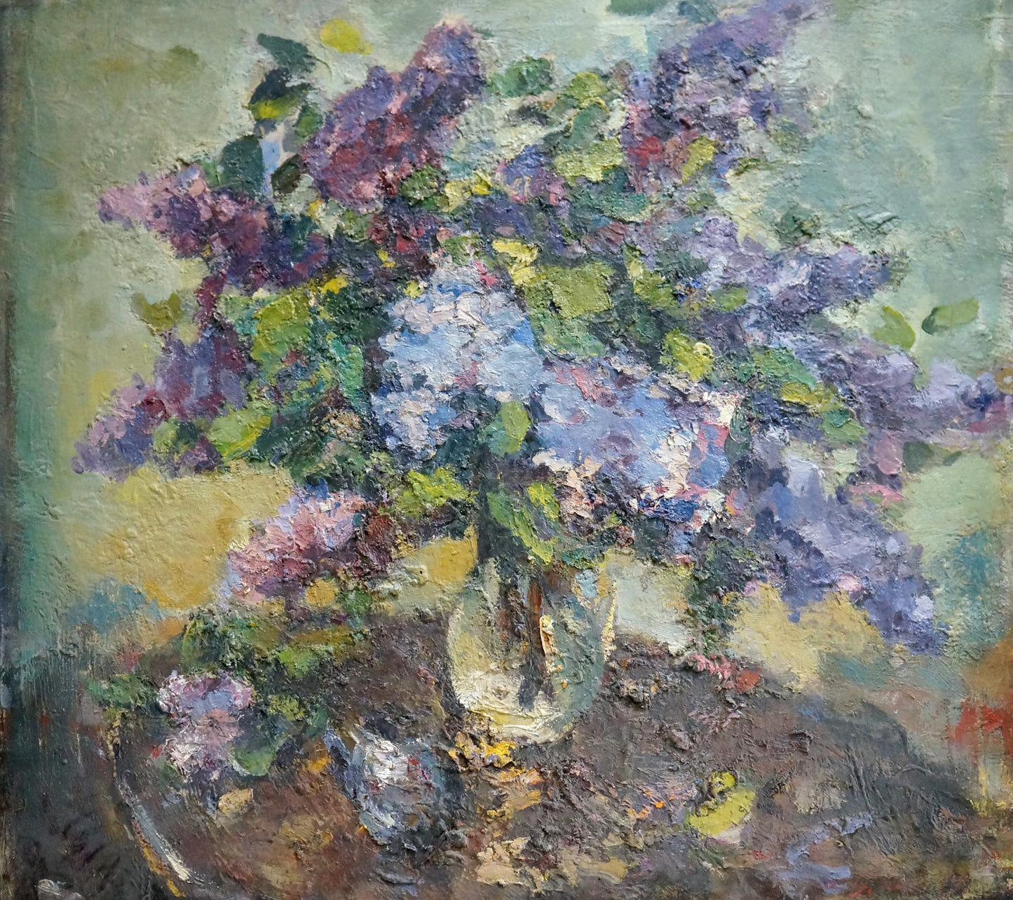 Oil painting Bouquet of lilacs on the table Sergey Dupliy