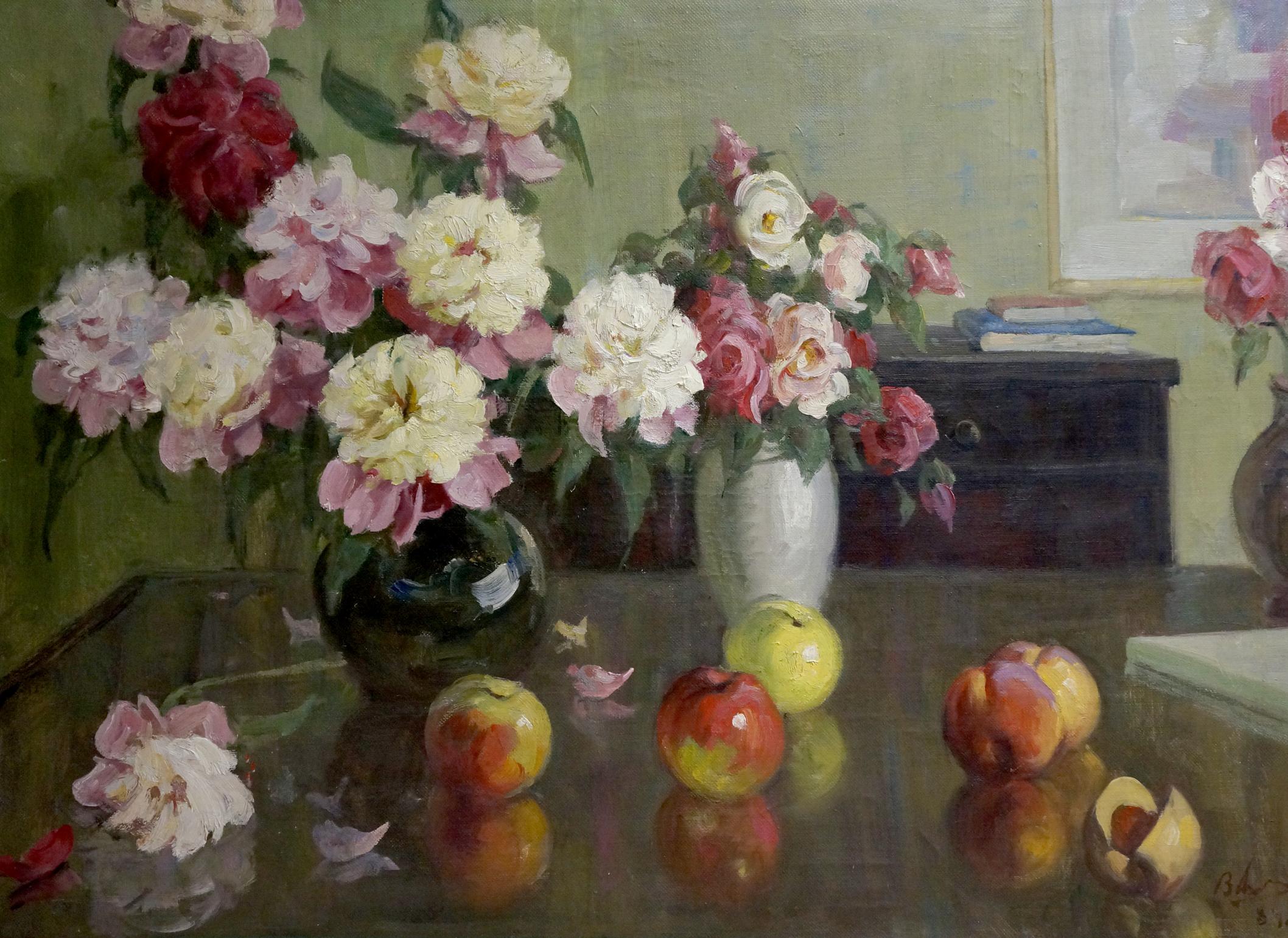 Oil painting Morning flowers with apples Unknown artist