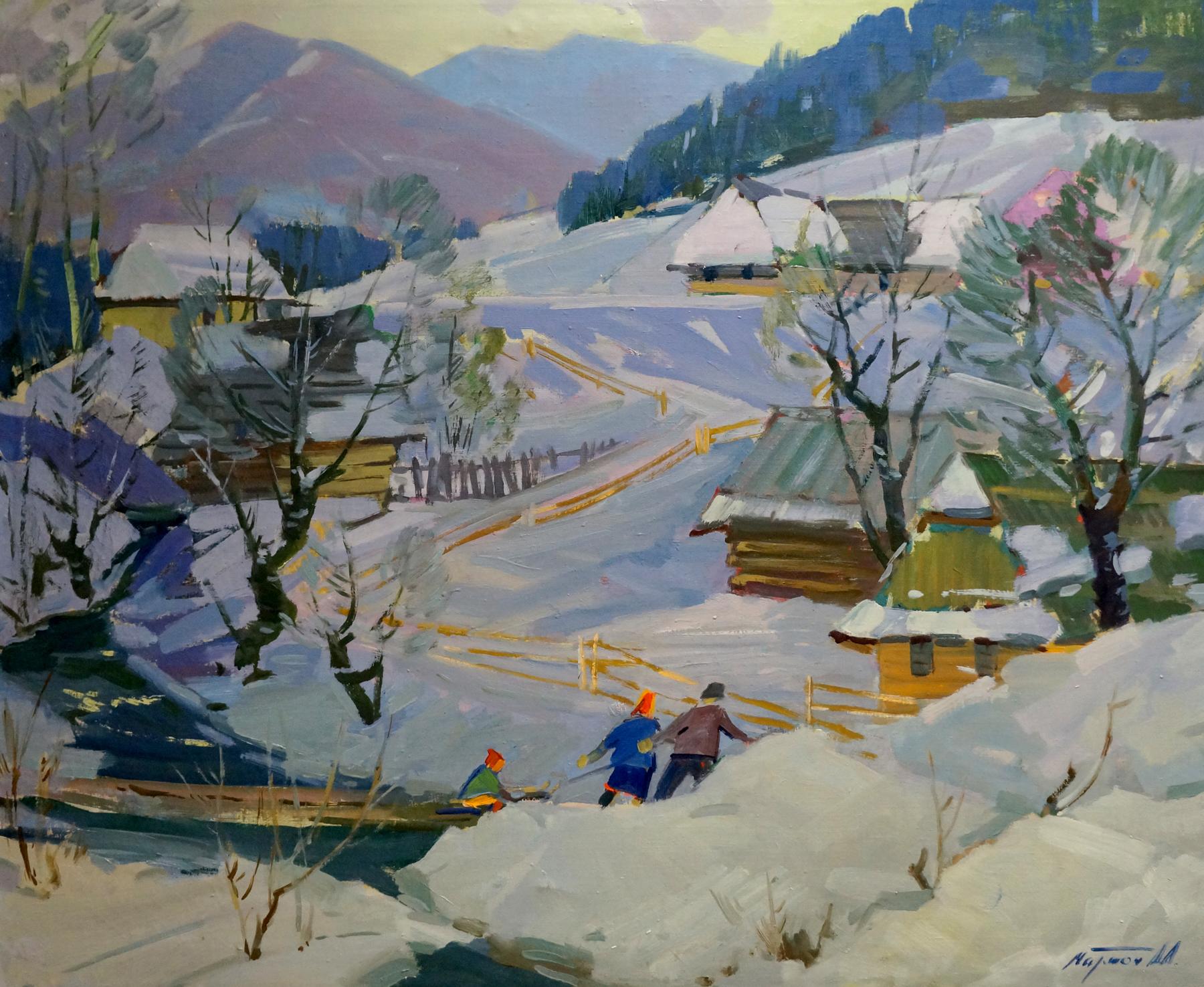 Oil painting Winter landscape in the village Marton Adalbert Aleksandrovich