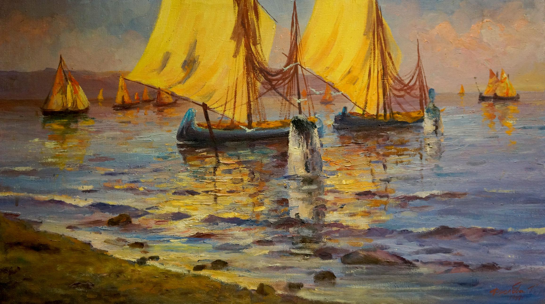Oil painting Ship sailing Frolova T.