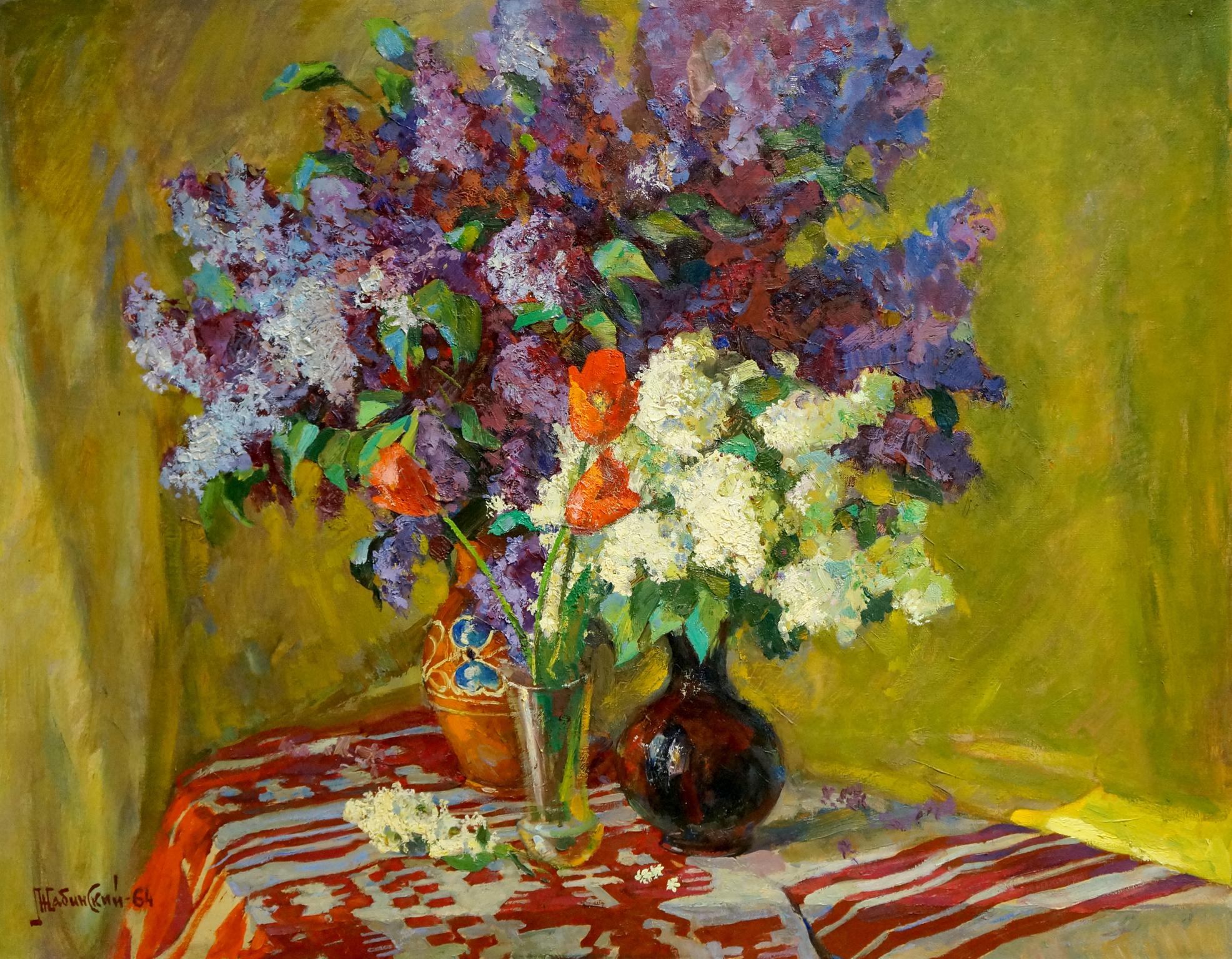 Oil painting Lilacs and tulips on the table Leonid Zhabinsky