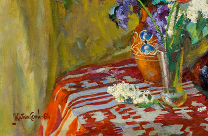 Oil painting Lilacs and tulips on the table Leonid Zhabinsky