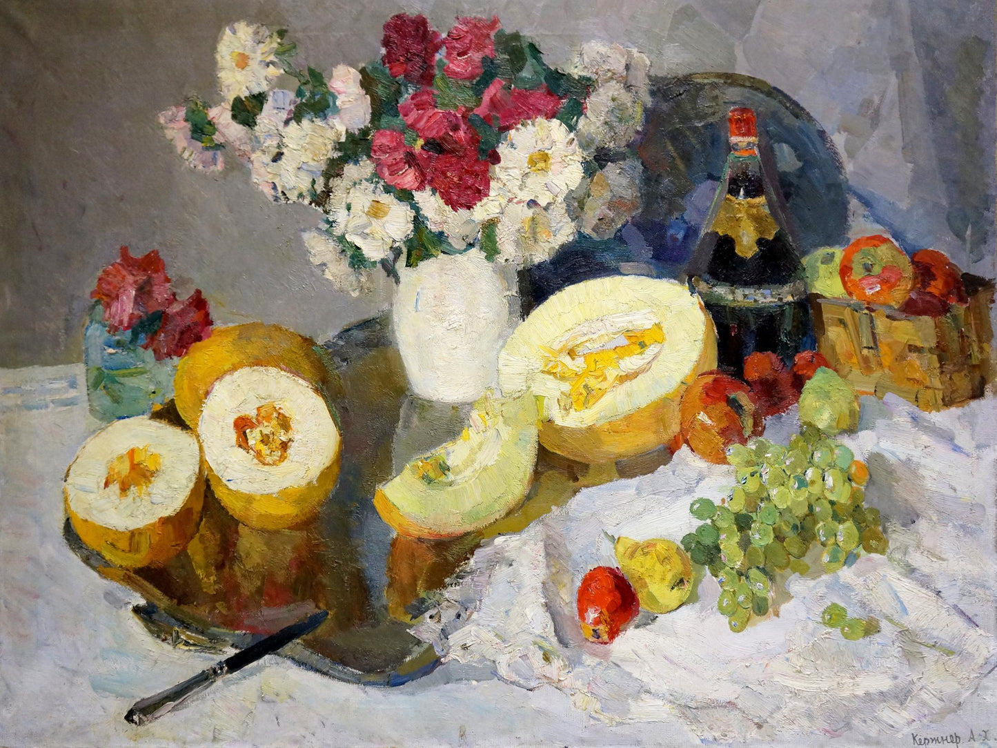 Oil painting Flowers and melon on the table Alexander Kerzhner