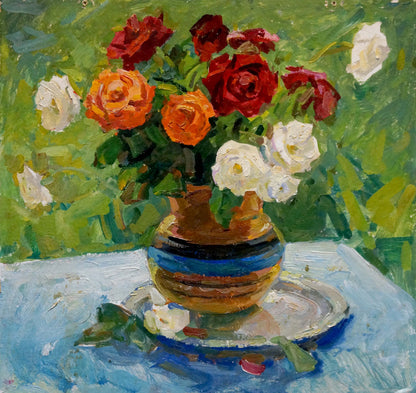 Oil painting Bouquet of colorful roses Unknown artist