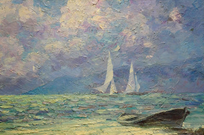 Oil painting Boats near the shore Smirnov Evgeny Vladimirovich