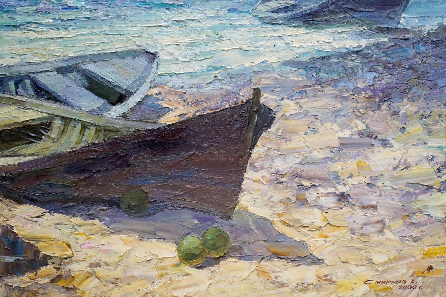 Oil painting Boats near the shore Smirnov Evgeny Vladimirovich
