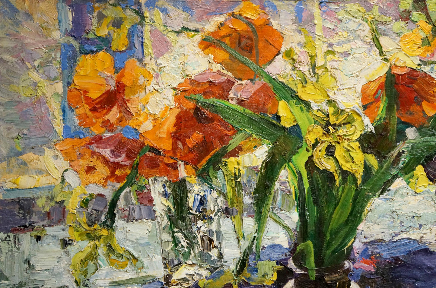 Oil painting Many flowers on the windowsill Unknown artist