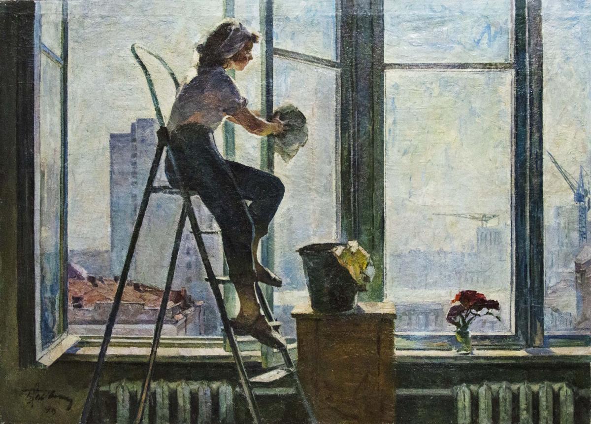 Oil painting Girl washes a window