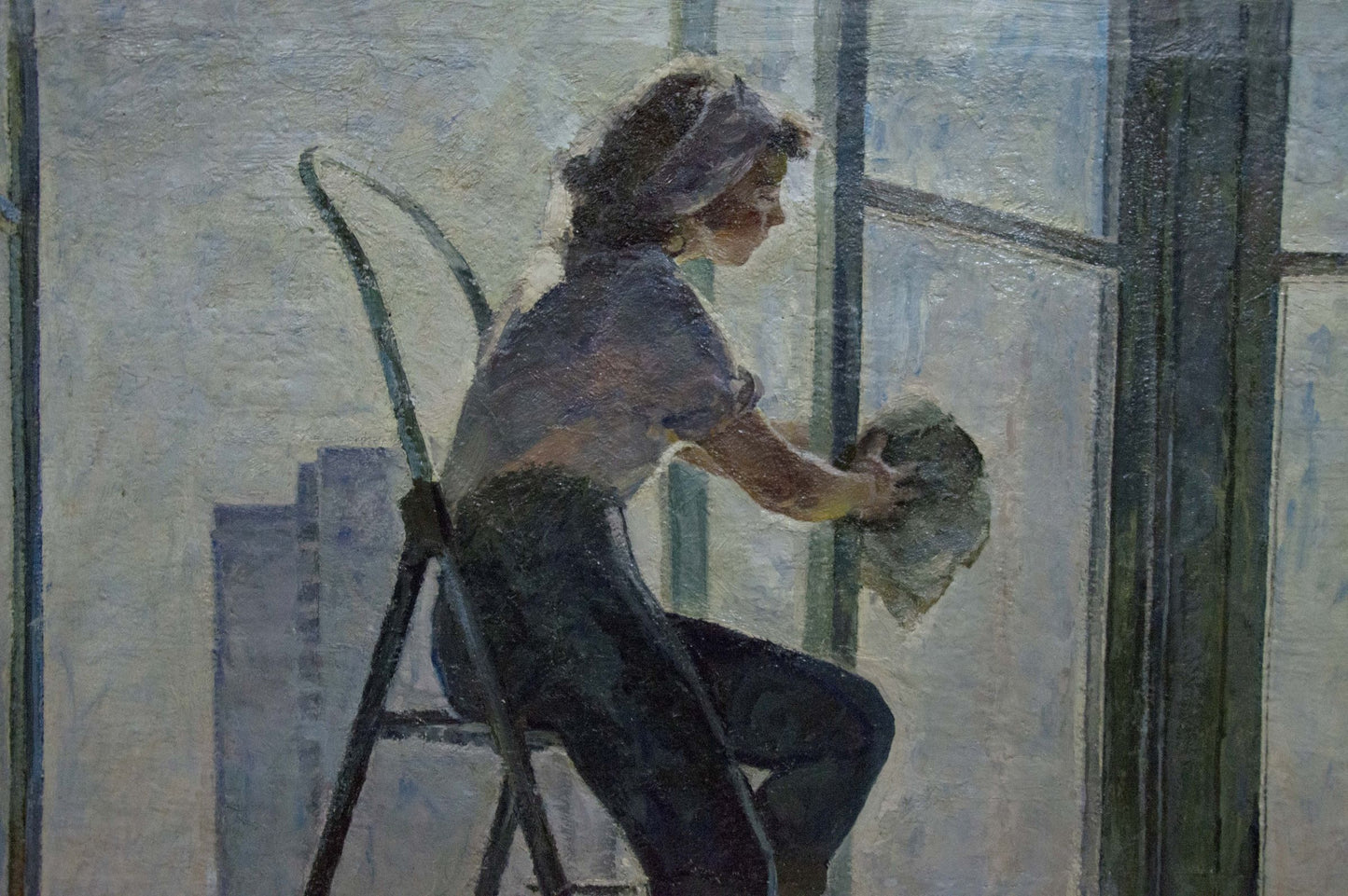 Oil painting Girl washes a window