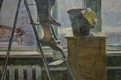 Oil painting Girl washes a window