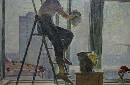Oil painting Girl washes a window