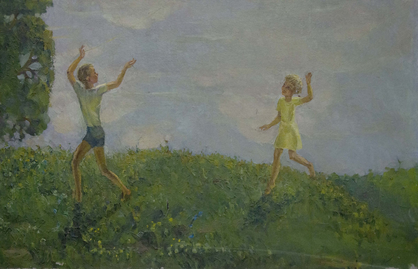Oil painting Children walk by the pond