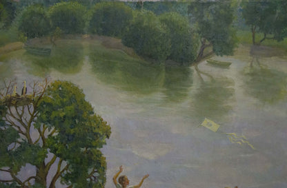 Oil painting Children walk by the pond