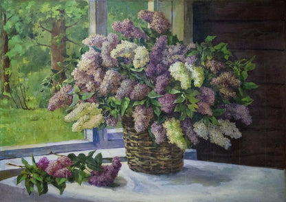 Oil painting Lilac near the window Unknown artist