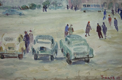 Oil painting Bustling city square Yakov Basov