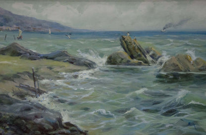 "On the Seashore" portrayed in oil by Victor Nikolaevich Shkurinsky.