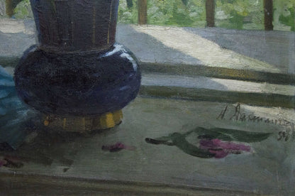 An oil painting of a vase for flowers and the artist Danylyshyn signature.