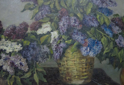 Oil painting Two baskets of lilacs Unknown artist