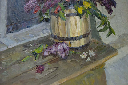 Oil painting Flowers by the window Kolomoitsev Petr Mikhailovich