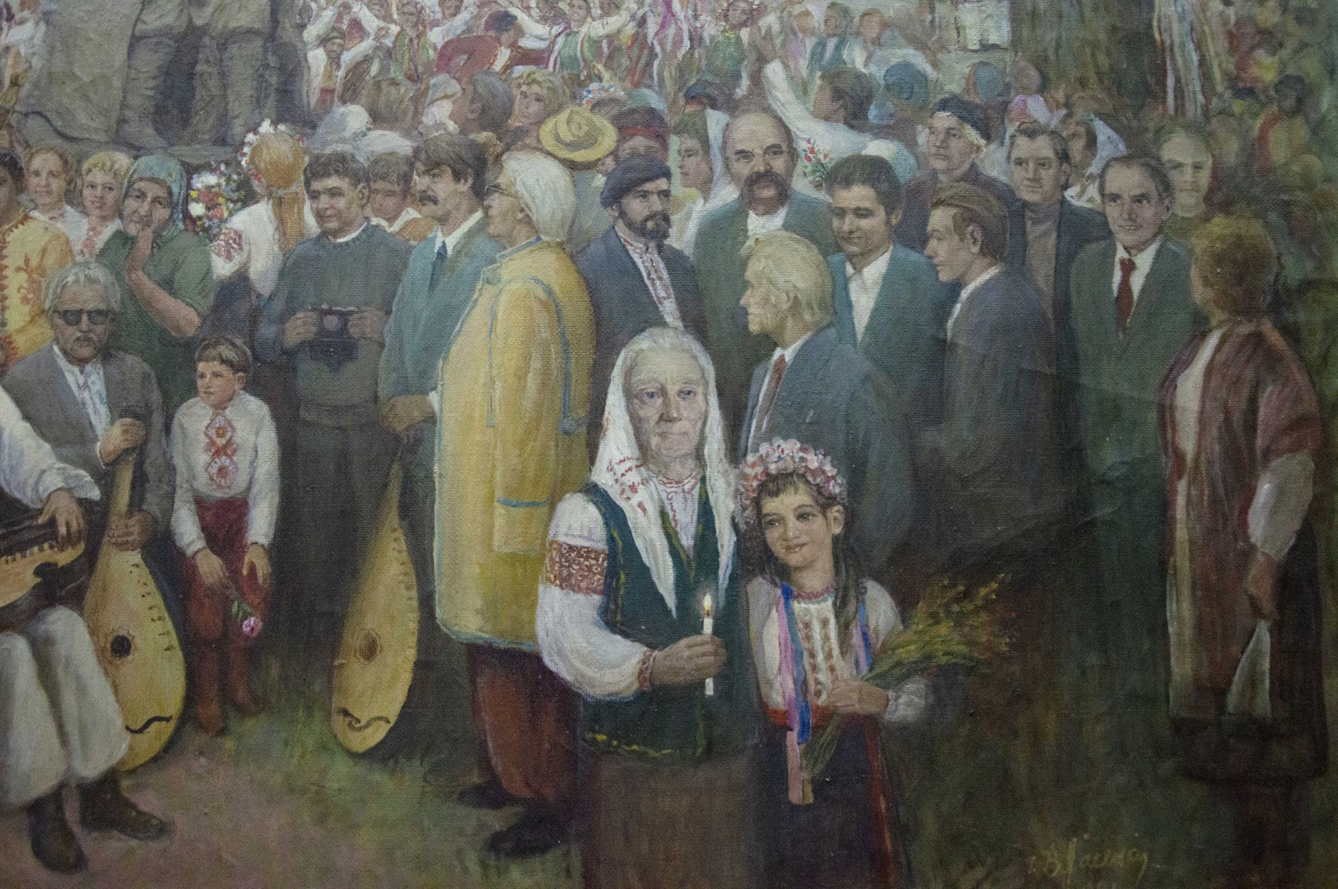 Vlasenko's "On the Square" oil painting, capturing the essence of community gatherings.