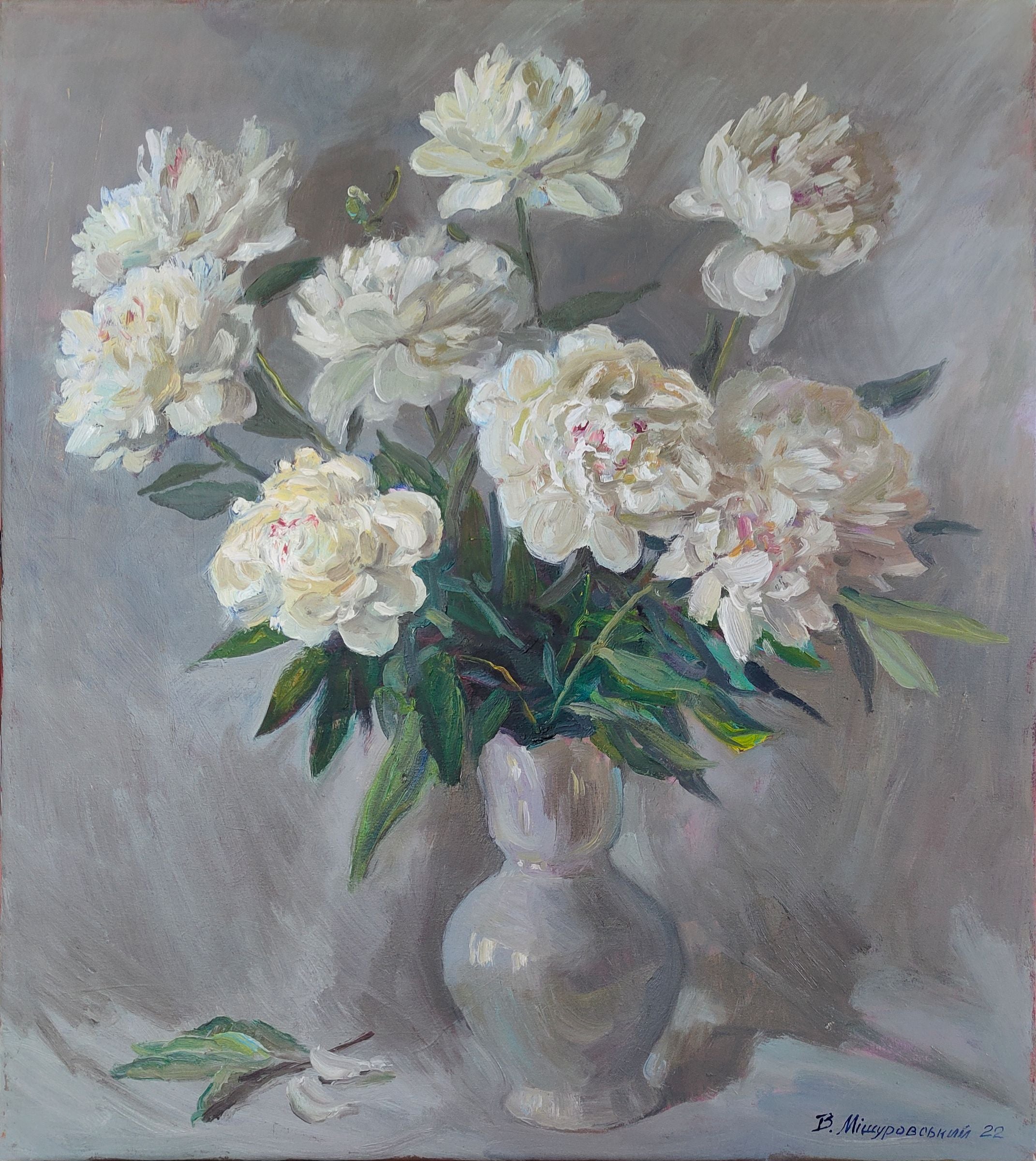 Oil painting White peonies on a silver background Mishurovsky V. V.