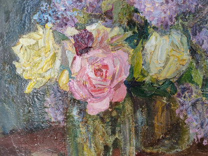 Floral Harmony: Oil Painting Depicting Lilac and Roses by Mishurovsky V. V.