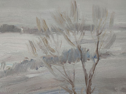 Oil painting showcasing a winter road by V. V. Mishurovsky