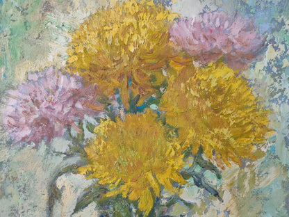 Mishurovsky V. V.'s oil artwork capturing "Yellow Chrysanthemums"