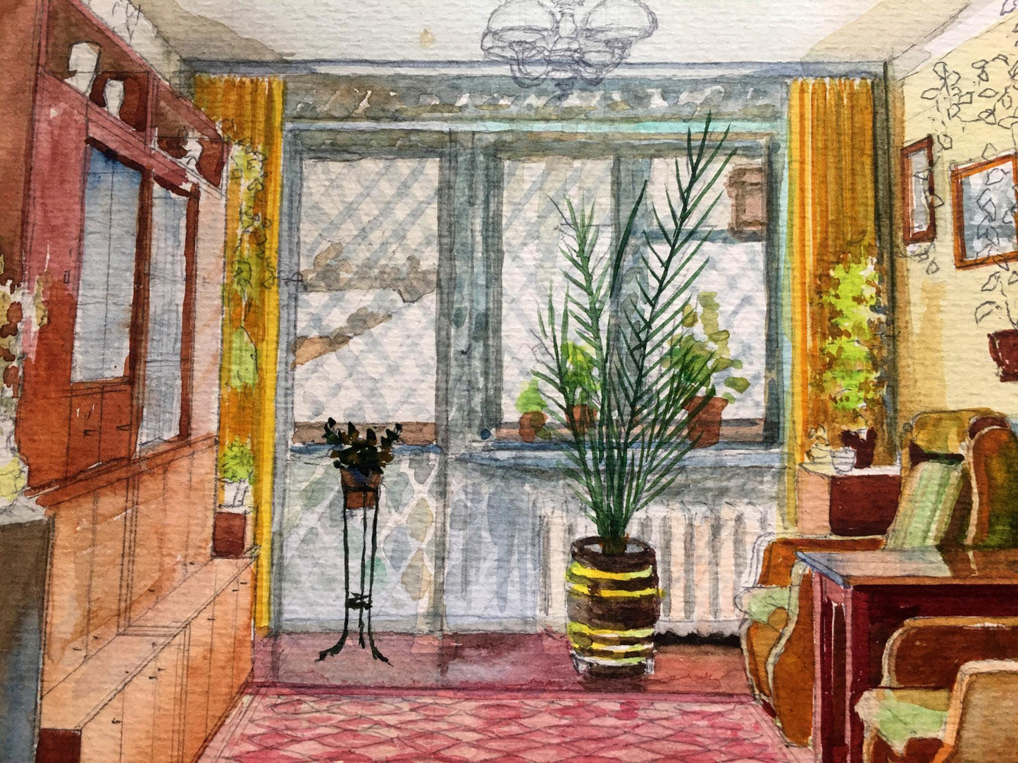Watercolor painting Room interior Dmitry Lednev