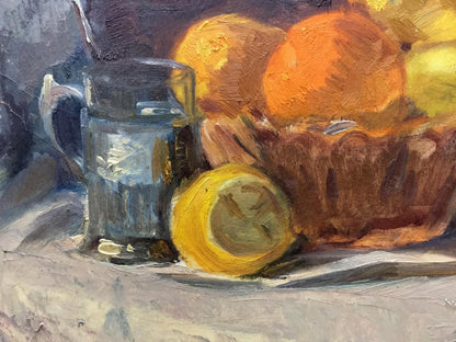 Oil painting still life The table is full of fruits