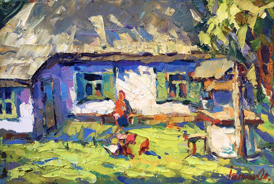Oil painting Grandmother in the yard Ivanyuk Oksana