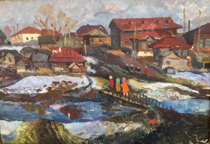 Pavel Leontievich Porotnikov's oil painting depicts April in the village