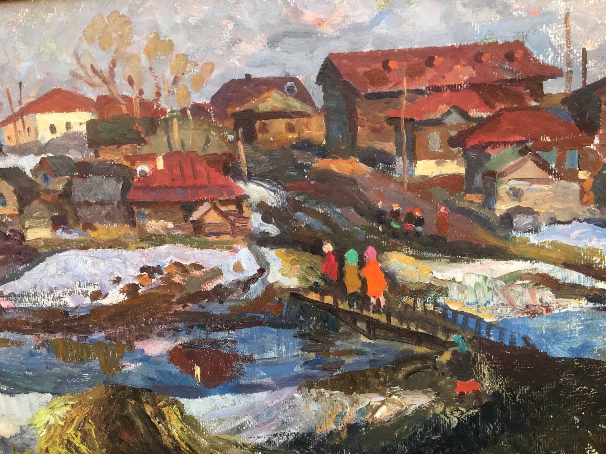 In oil, Pavel Leontievich Porotnikov illustrates an April scene in the village