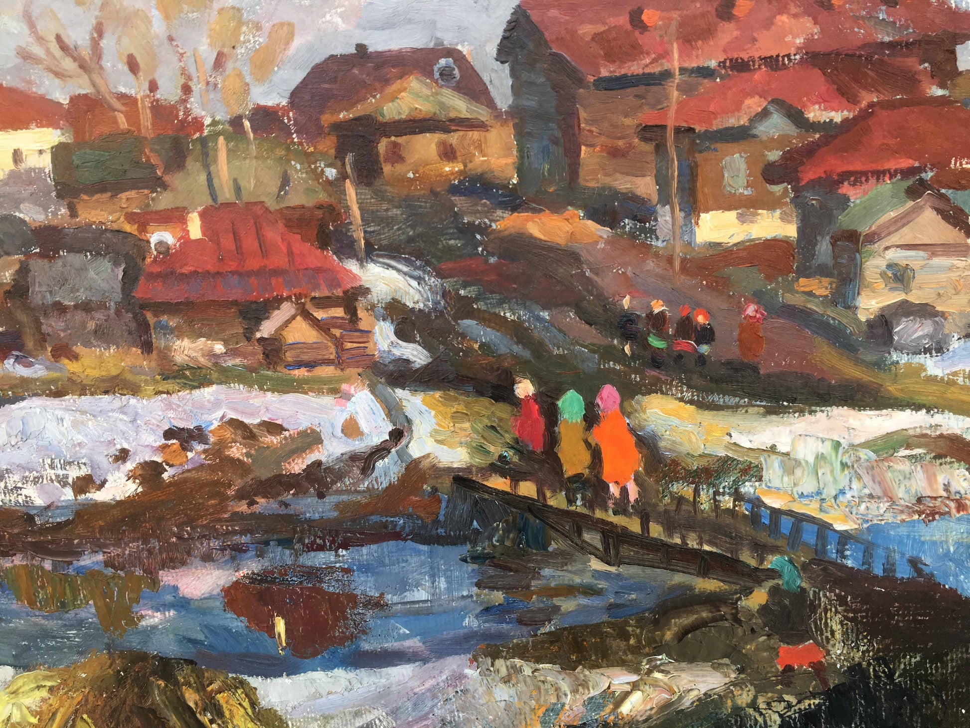 The oil painting by Pavel Leontievich Porotnikov features a village in April