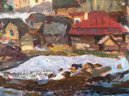 An April village scene is captured in Pavel Leontievich Porotnikov's oil painting