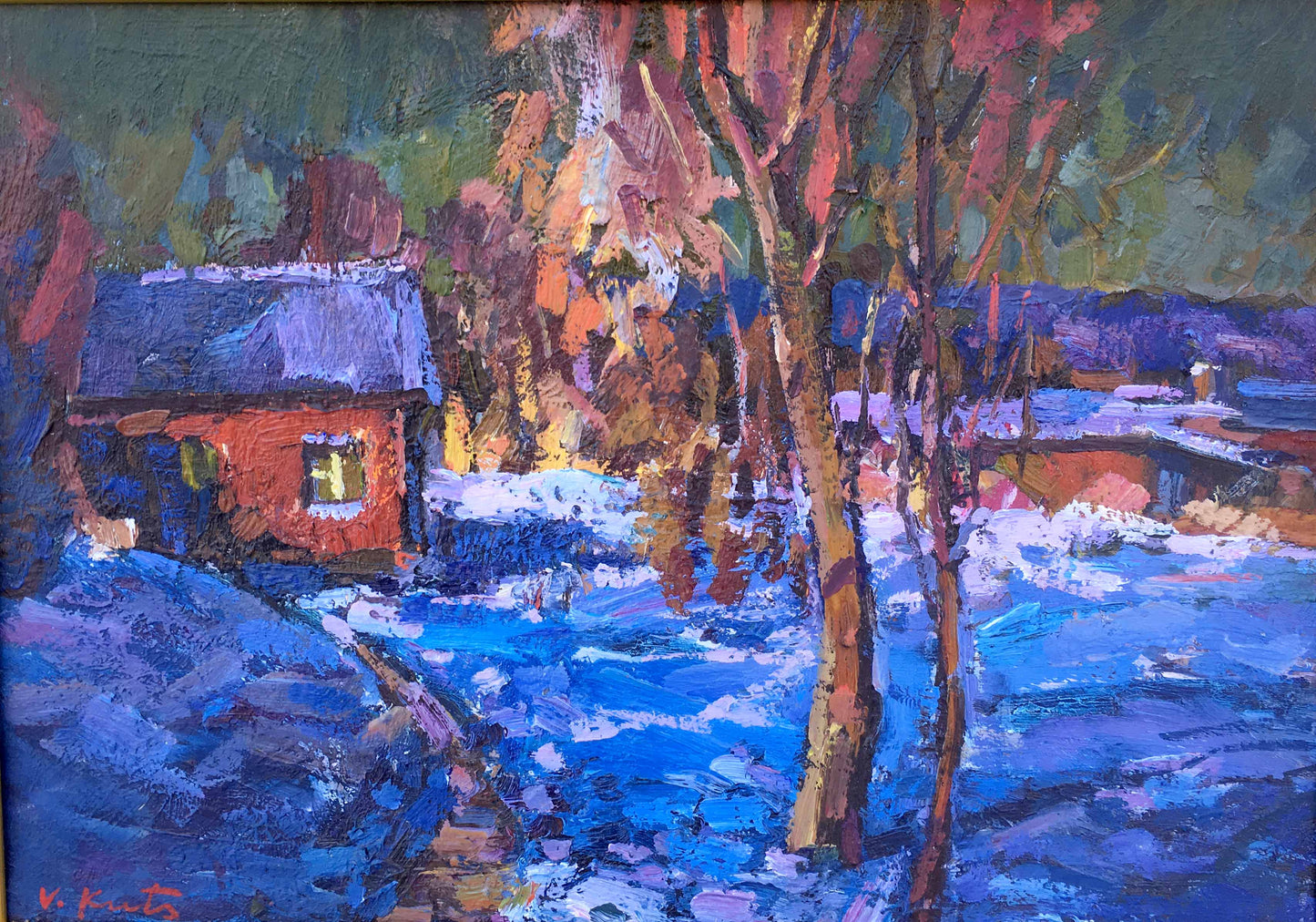 Winter evening oil painting